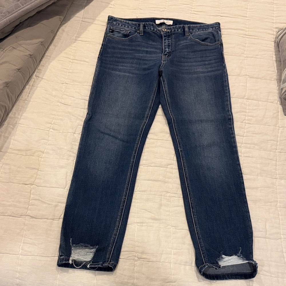 Women's Dark Blue Distressed Straight-Leg Jeans